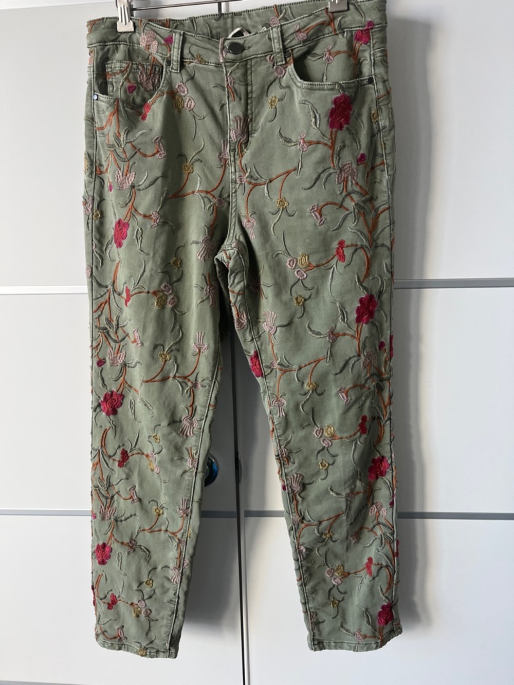 Olive/sage Green Pants with Floral Embroidery